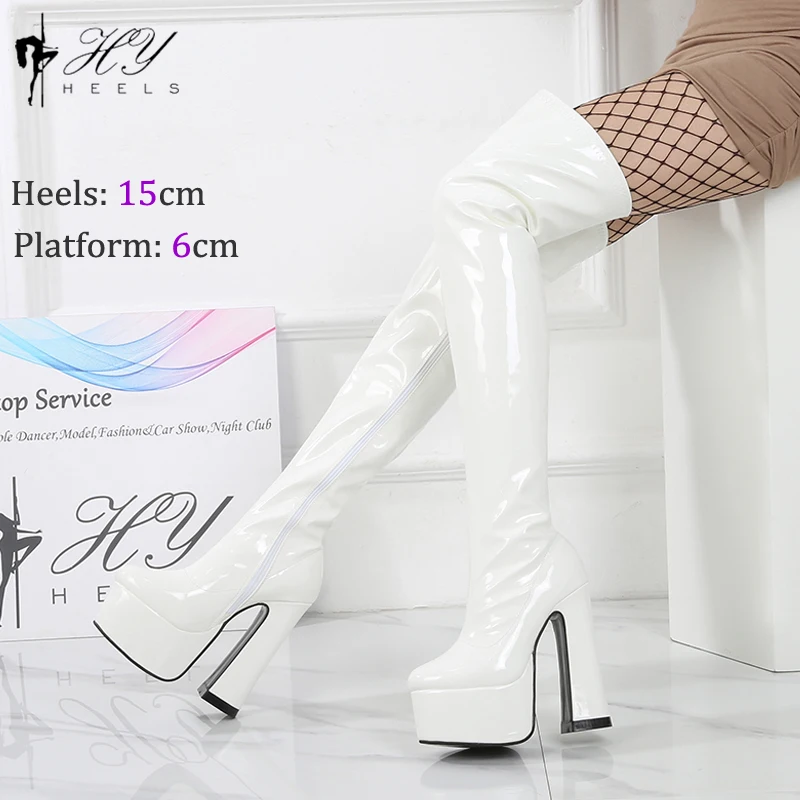 15cm Red Sexy Thick Chunky Heels Thigh High Boots Women Platform Fetish Shoes Goth Ladies High Heels Square Heeled Winter Boots