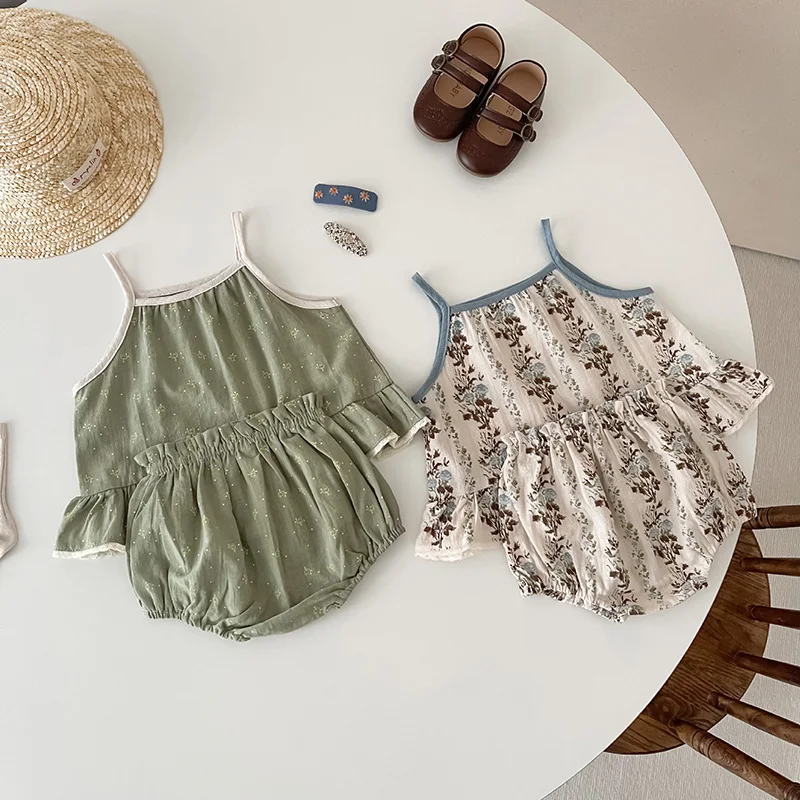 2pcs New Baby Girl Clothing Sets Summer Toddler Baby Girls Suit Suspenders Flower Camisole + Bloomer Shorts Infant Princess Suit