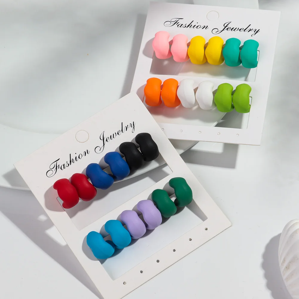6 Pairs/set Cute Colorful Acrylic Matte Geometric C-Shape Earrings Set for Women Girls Lovely Heart Earrings Fashion Jewelry