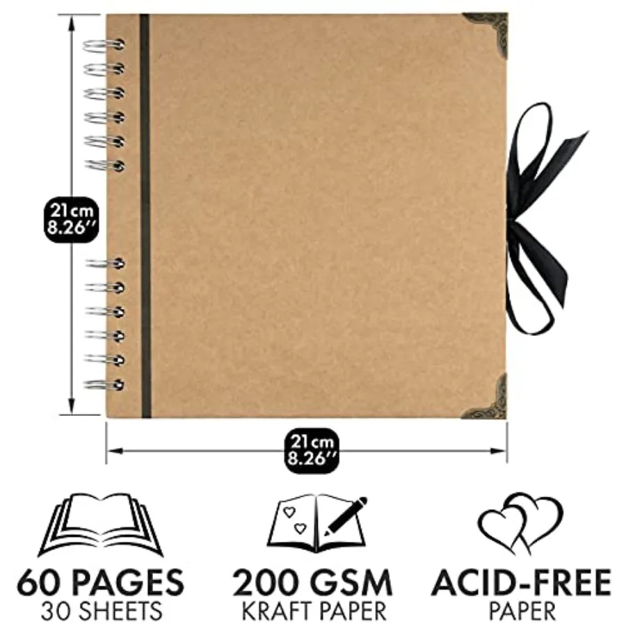 Scrapbook Album 60 Pages Thick 200gsm Kraft Paper, Photo Album Scrapbook, Memory Book - Ideal for Your Scrapbookg Albums Art an