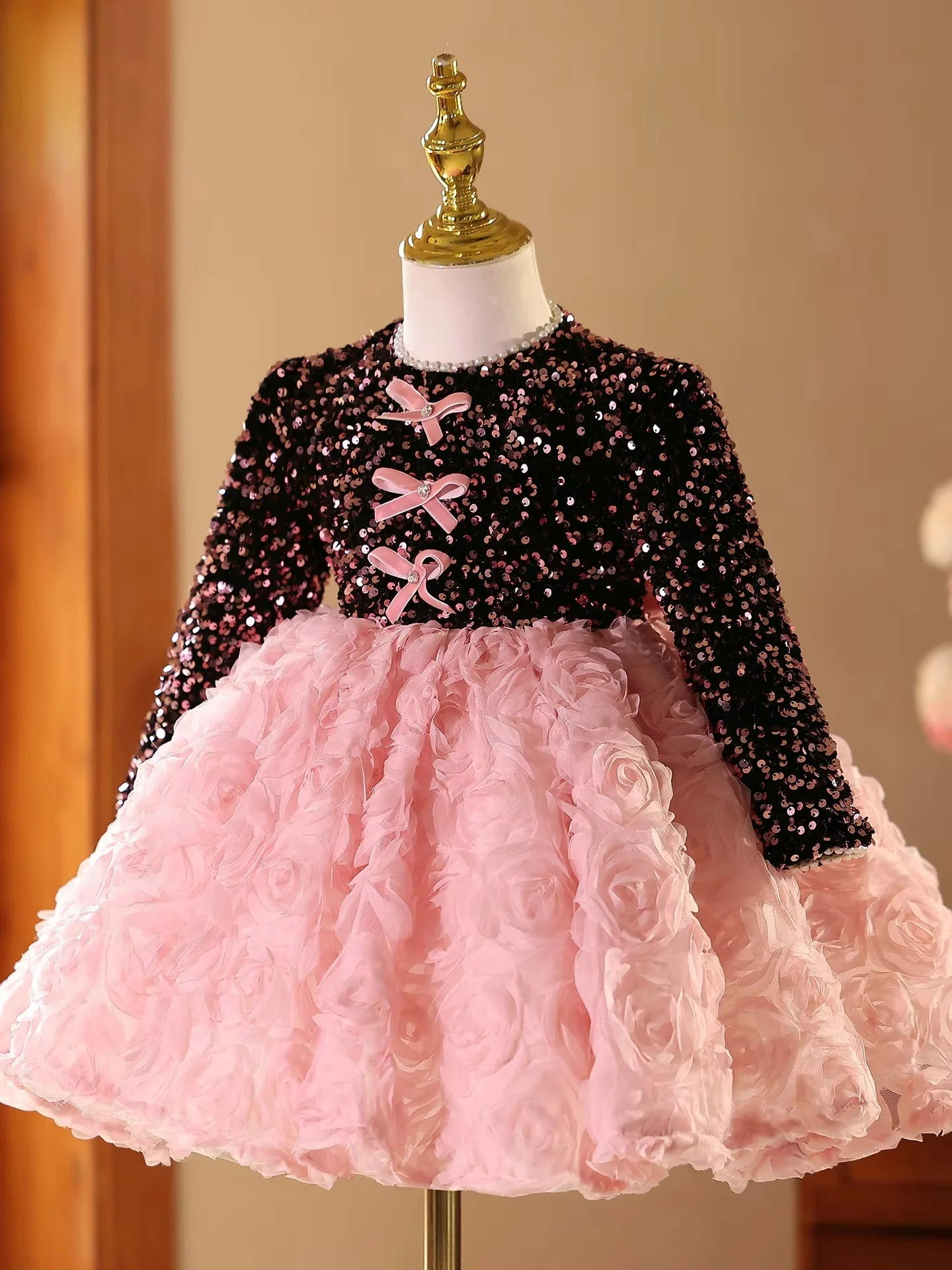 JDY Custom Pink Rose Evening Gown Children's Host Piano Performance Dr Princ Skirt for Girls Bla And Pink Rose Design