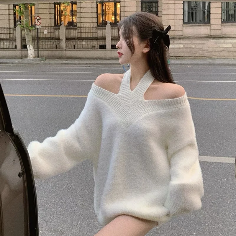 2023 New Chic Sexy V Neck Woemn Sweater Halter Knitting Pullover Winter Soft Streetwear Solid Loose Fashion Casual Sweater