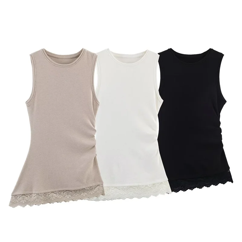 

Женский топ 2026: Новинка Весны, однотонный, без рукавов, с кружевными вставками, декоративным асимметричным подолом, пуловер, уникальный модный дизайн