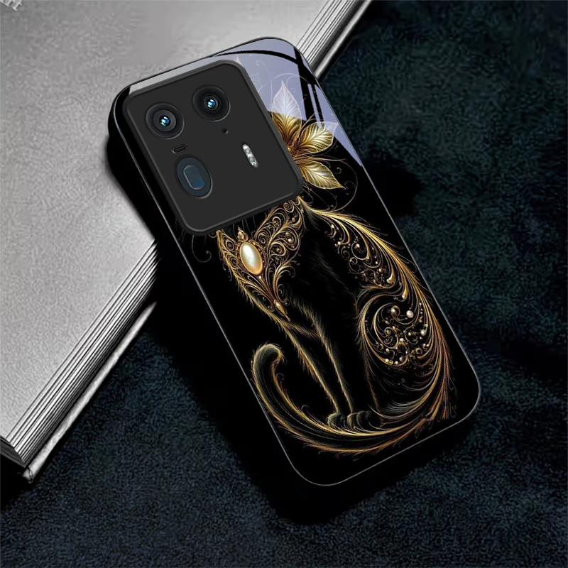 Luxury Jeweled Cat Black Glass Phone Case For Motorola Moto Edge 70 60 Fusion 50 Ultra 40 Neo 30 Pro 20Lite 60s Neo Black Cover