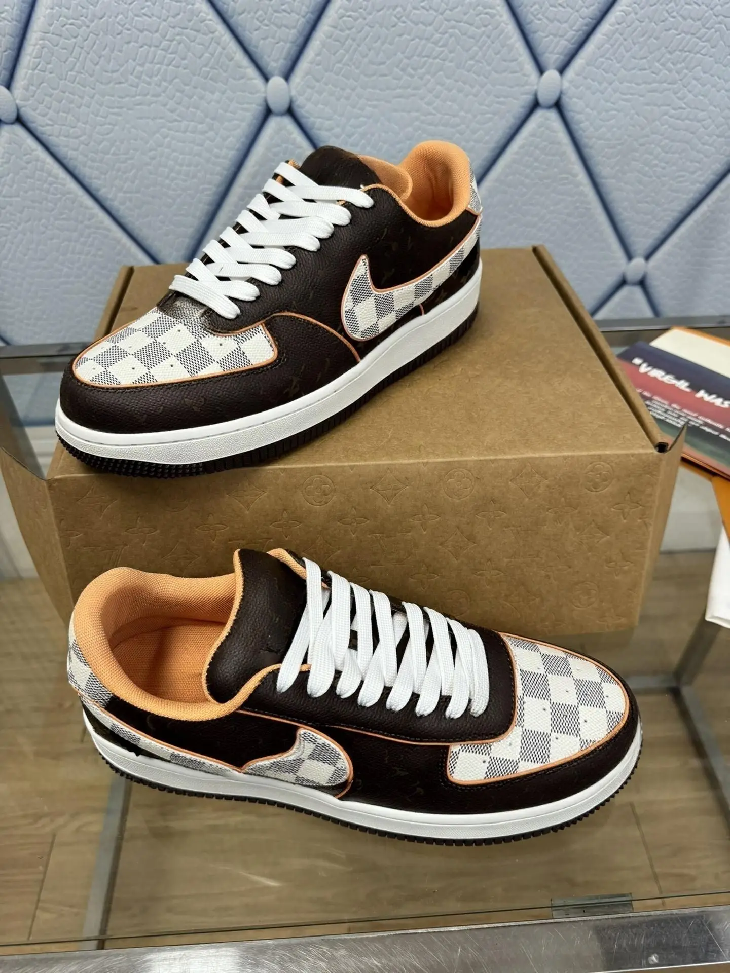Unisex Round Toe Low Top Flat Casual Shoes Grain Leather & Check Fabric Patchwork Orange Inner Lining Lace Up Sneakers