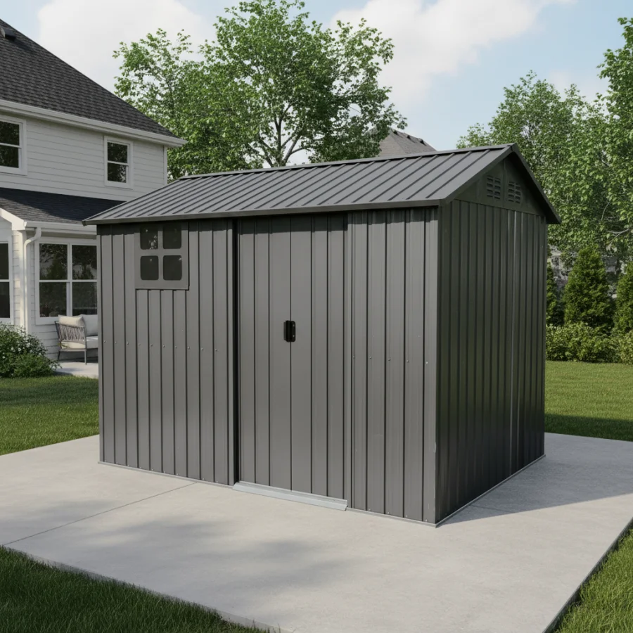8*6 FT Galvanized Steel Outdoor Storage Shed with Sliding Door, Heavy Duty Metal Tool Shed with Window and Vents, Weatherproof
