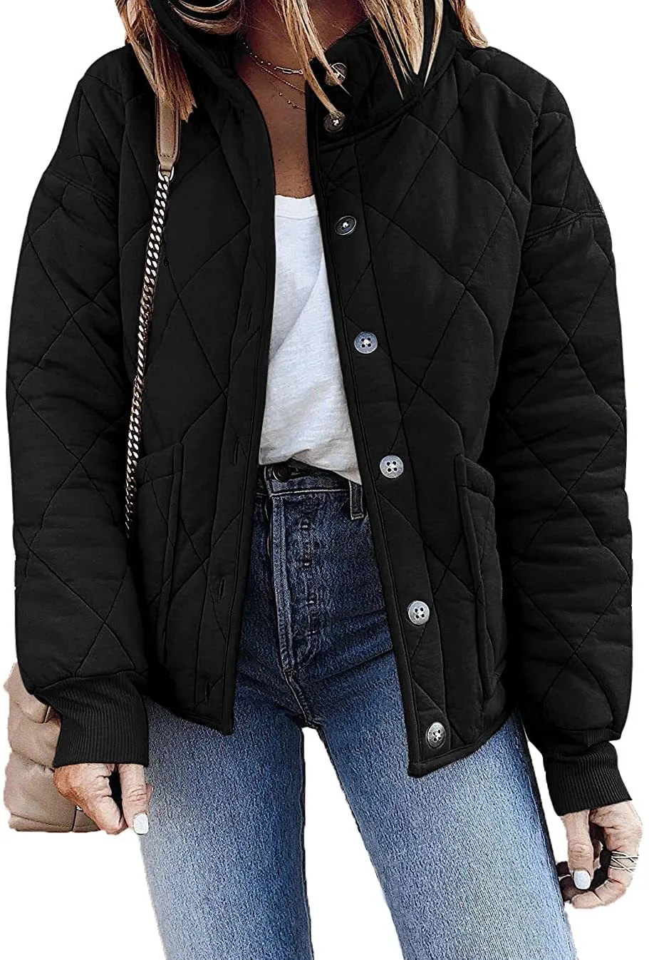 Spring and Autumn Thin Casual Solid Color Loose Stand-up Collar Single Breasted Long Sleeve Quilted Jacket with Pockets Women