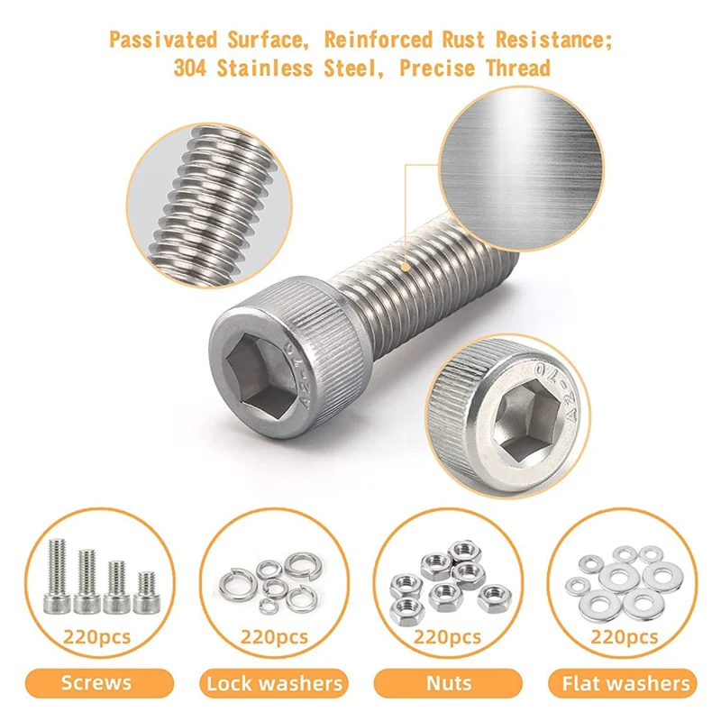 A45M-890Pcs M3-M6 Screw Assortment, Socket Head Cap Screws Hex Head Screws Assortment Set Bolts And Nuts Kit