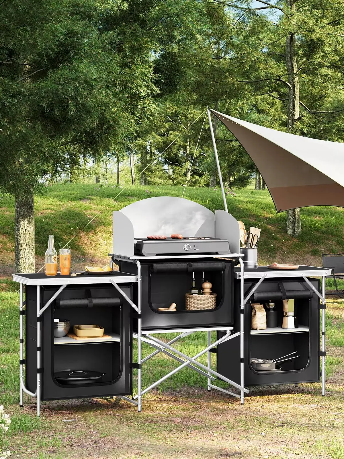 WOLTU Klappbarer Camping-Küchenschrank aus Aluminium mit Arbeitsplatten und Stauraum für Outdoor-Picknick, Grillen, Gartentisch mit Tragetasche