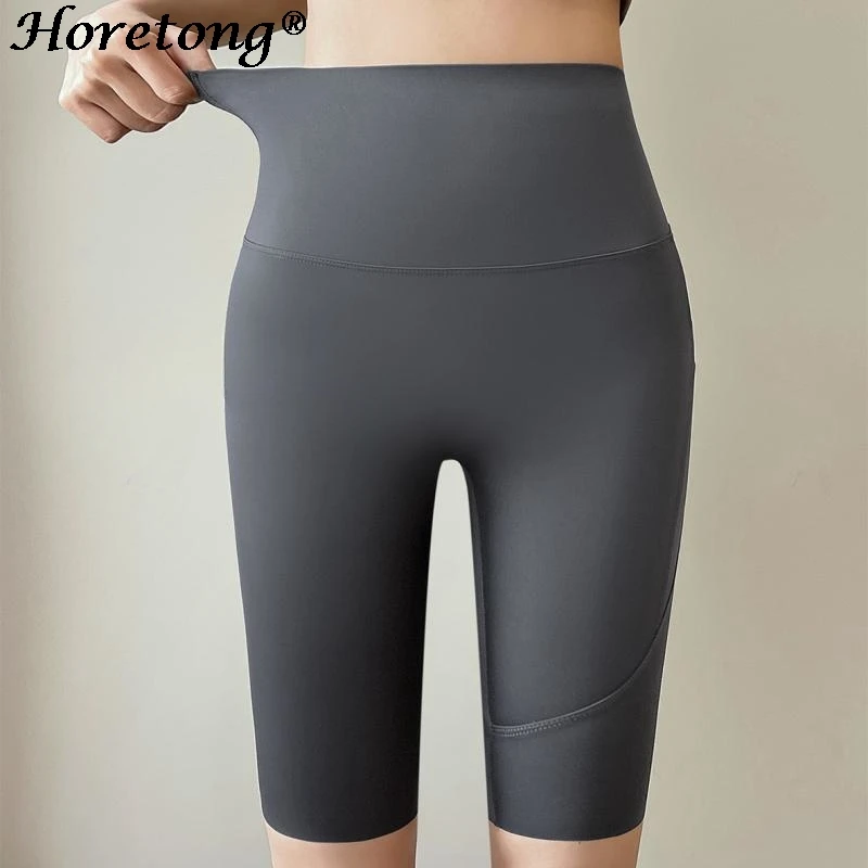 Horetong Women Sports Shorts With Pocket High Waist Fitness Casual Streetwear Short Trousers Female Tight Shorts Workout Pants