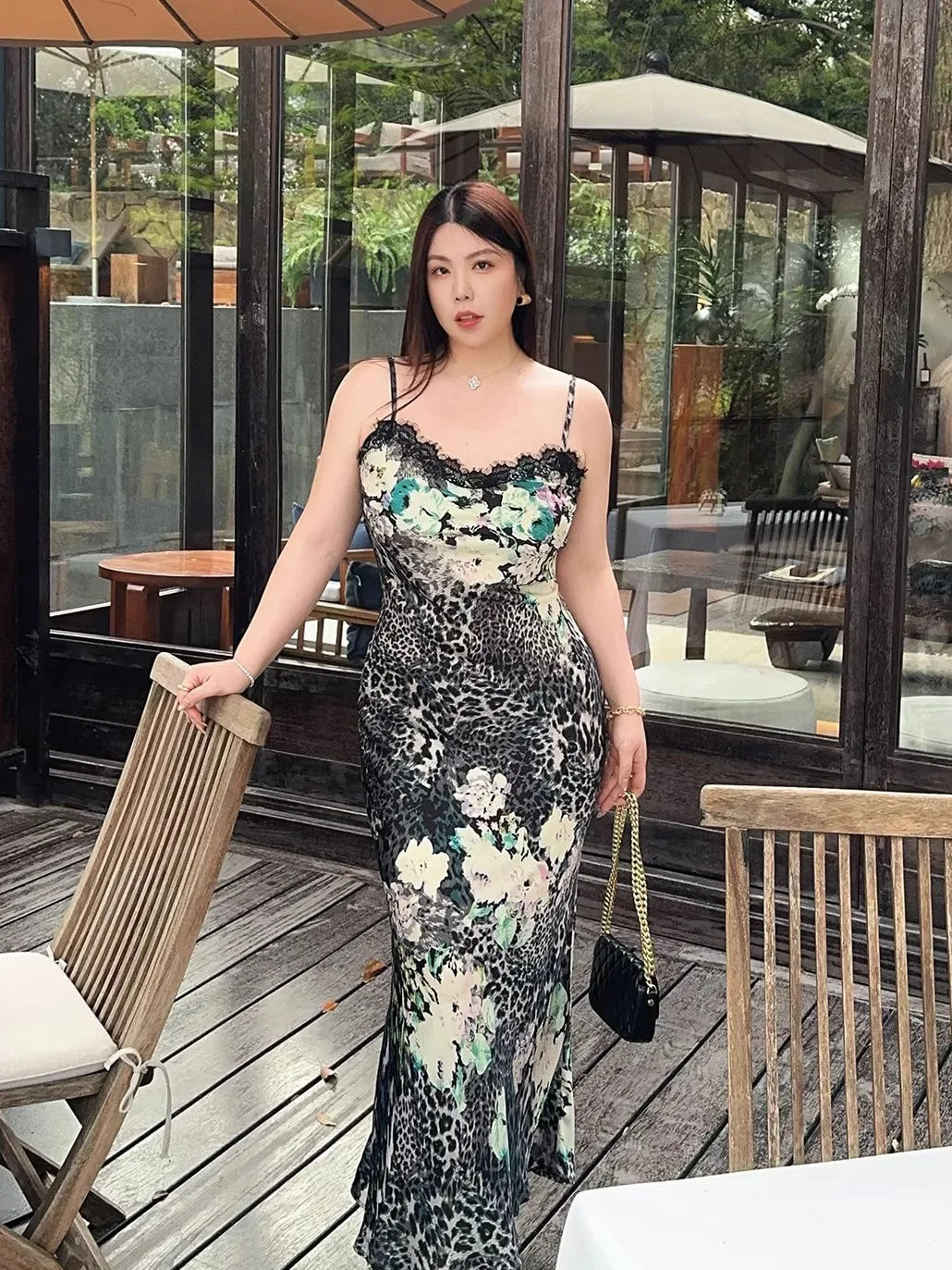 

Vintage Large Size Lace Leopard Print Summer Vacation Sexy Belted Midi Dress Sleeveless High Waist Women's Fashion Dress