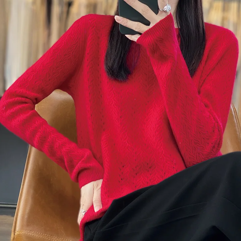 Fashion Women 100% Merino Wool Soft Sweater O-Neck Hollow Out Long Sleeve Pullover Autumn Winter Bottoming Jumper Knitwear Tops