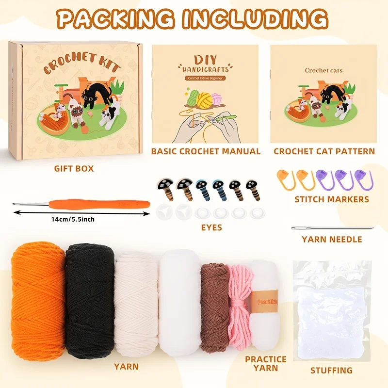 4-Piece Set of Cute Cat Crochet Dolls Material Kits [Not Finished Products], Includes a Complete Toolkit, Yarn, Detailed Instructions, and Video Tutorials, Perfect for Handmade Activities, DIY Crochet Parties, Gifts, Birthday Gifts, Holiday Gifts, Easy to Use, Suitable for Crochet Beginners and Unexperienced Enthusiasts