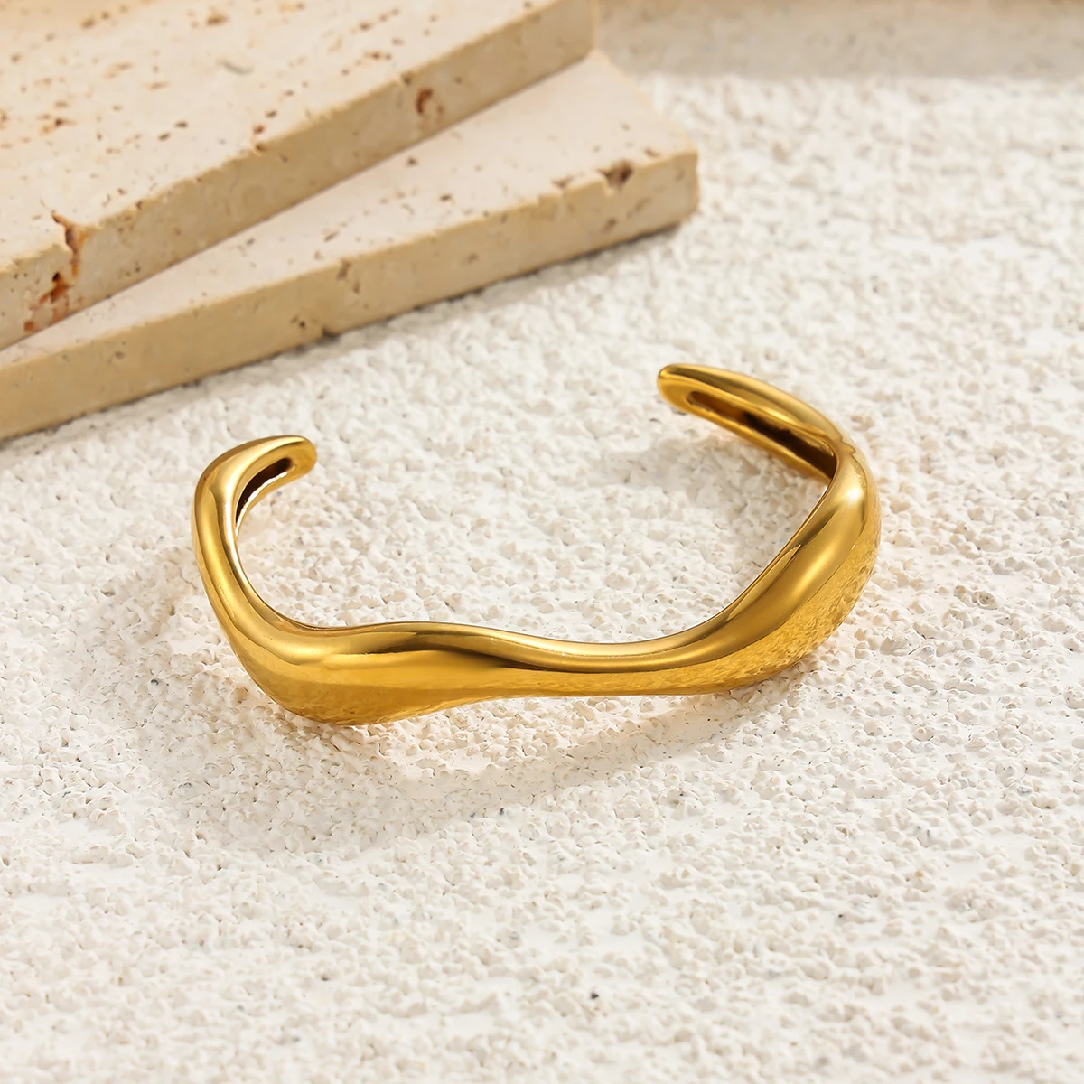 PuRui New Waterproof Glossy Stainless Steel Open Bangle for Women Minimalistt Irregular 18K Gold Plated Cuff Bracelet Lady Gift