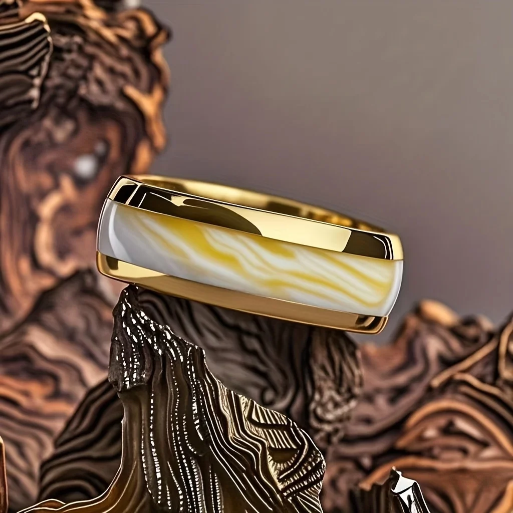 8MM Fashion Gold Color Men Stainless Steel Rings Unique Stone Inlay Engagement Wedding Band Jewelry Party Ring Accessories Gift