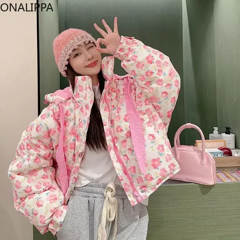 Onalippa Contrast Floral Printing Pink Quilted Coat Stand Collar Hooded Lace Up Cropped Coats Korean Sweet Chic Design Jackets