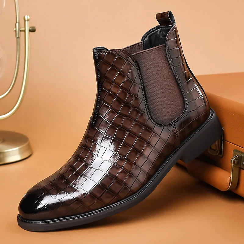 Fashionable Comfortable Checkered Pattern and Classic High Top Boots Men's Casual Business British-style Low Heels Chelsea Boots