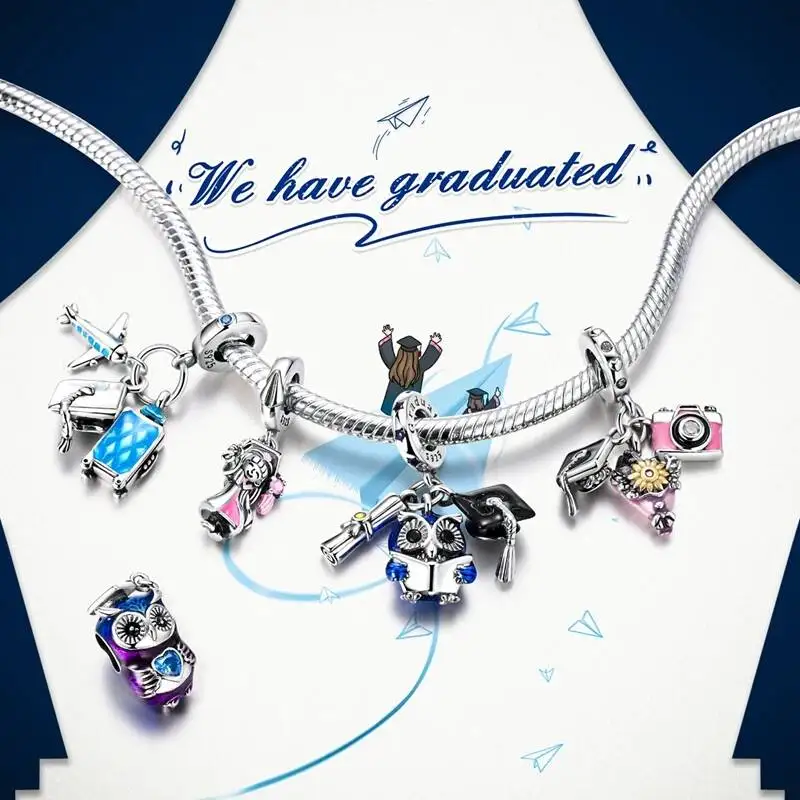 2026 925 Sterling Silver Charms Fresh Flower Degree Certificate Graduation Series Bead Pendant Fit Bracelet Diy Charm Women Gift