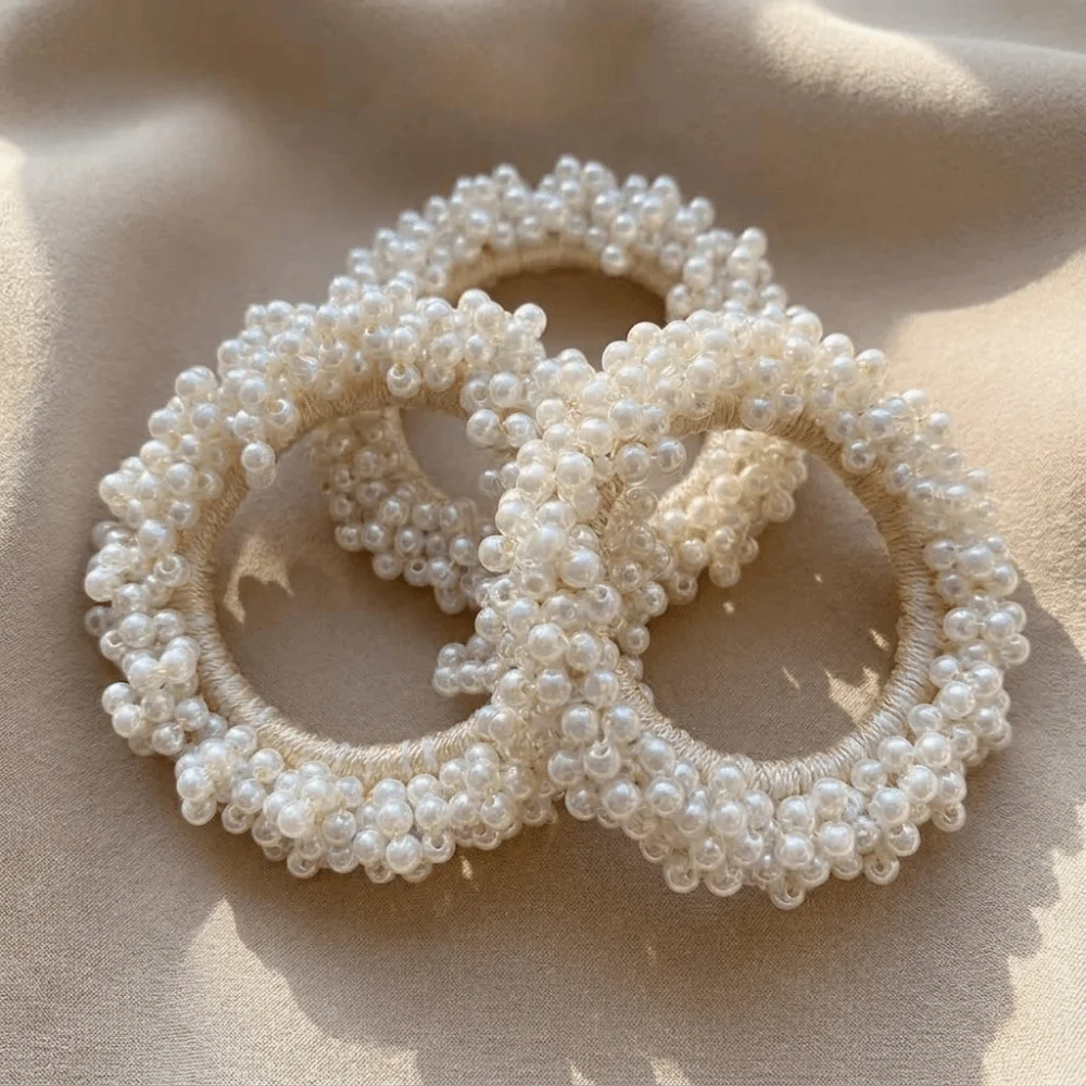 Decorative Sweet Faux Pearl Hair Ties Beaded Hand-Woven Hair Accessories 2 in 1 Bracelet Ponytail Holders Party