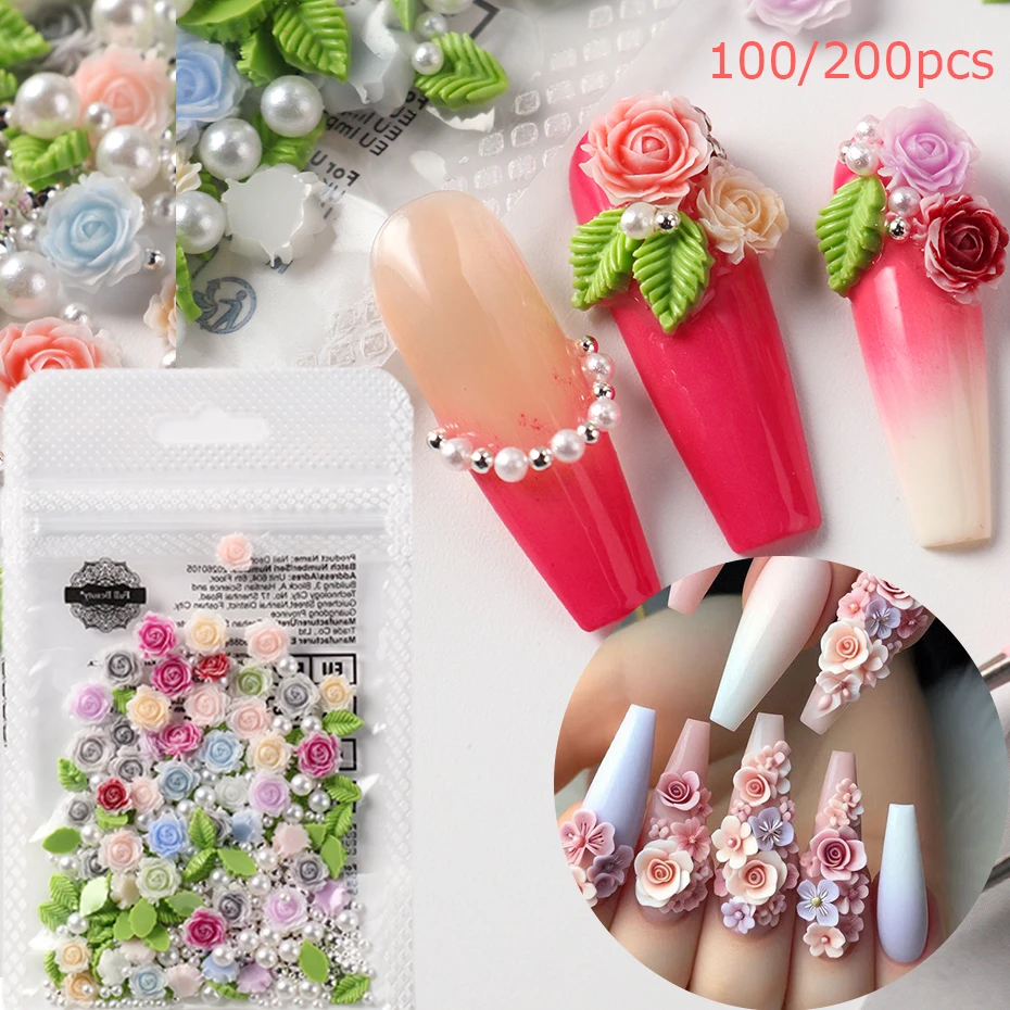 100/200pcs/Pack Mixed Resin Mini 3D Rose Flower Nail Art Charms - Featuring Fresh Flowers, Leaves, And a Mix of Pearls For DIY