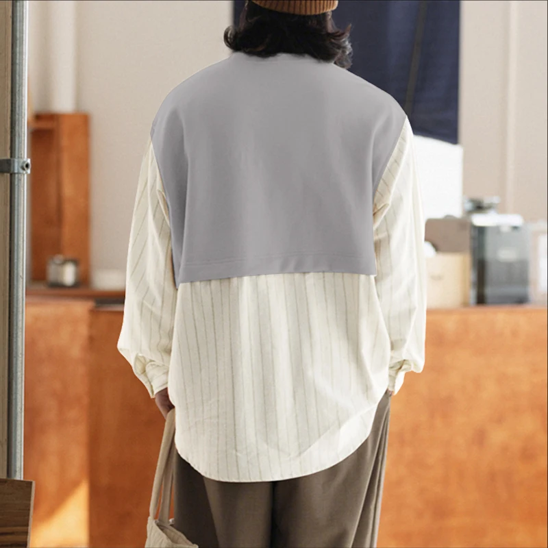 INCERUN Kemeja Pria Bergaris Patchwork Kerah O Lengan Panjang Oversize Pakaian Pria Streetwear 2025 Fashion Kasual Atasan Pria