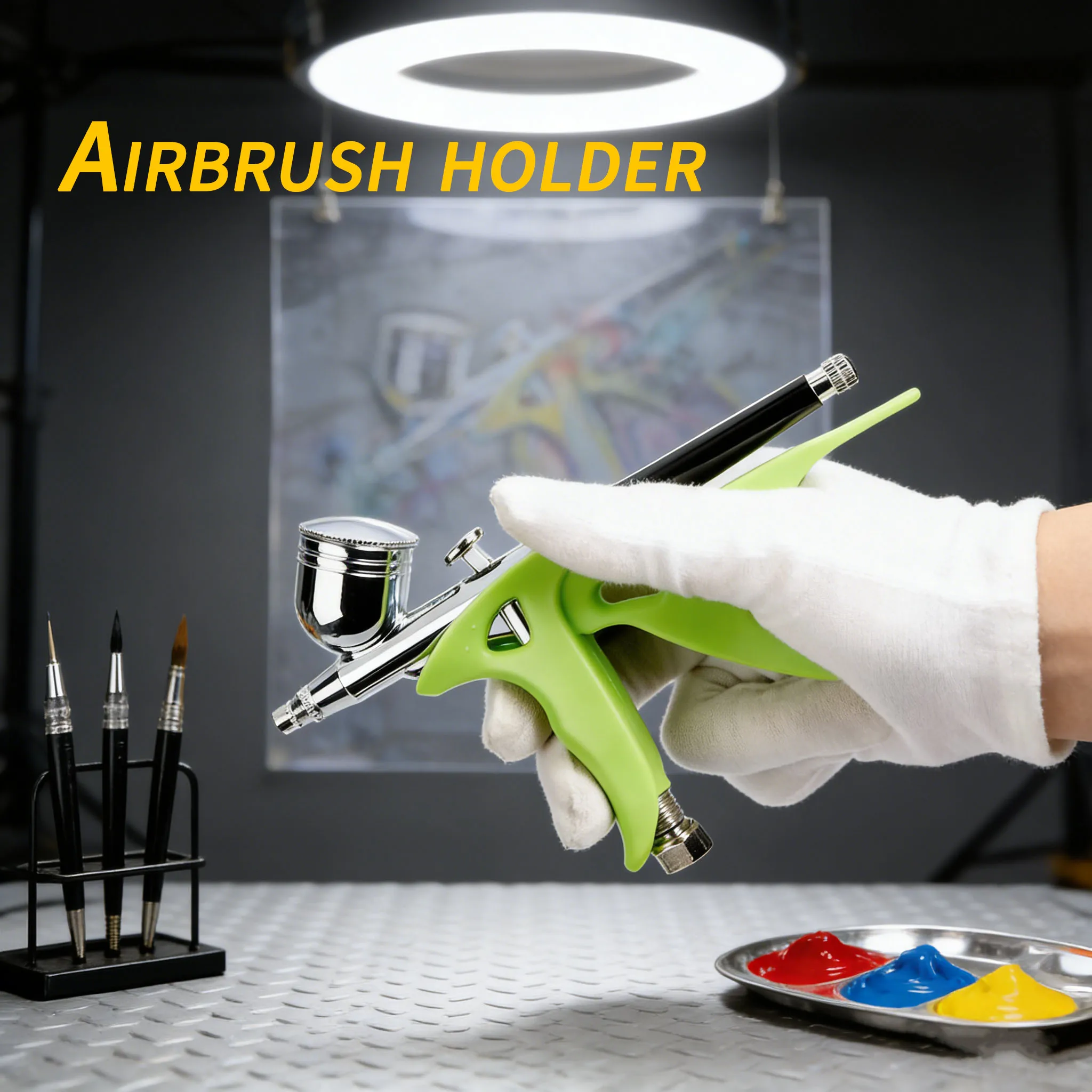 Airbrush holder accessories, portable plastic airbrush stand, available in black, green, and red. Suitable for double-action air