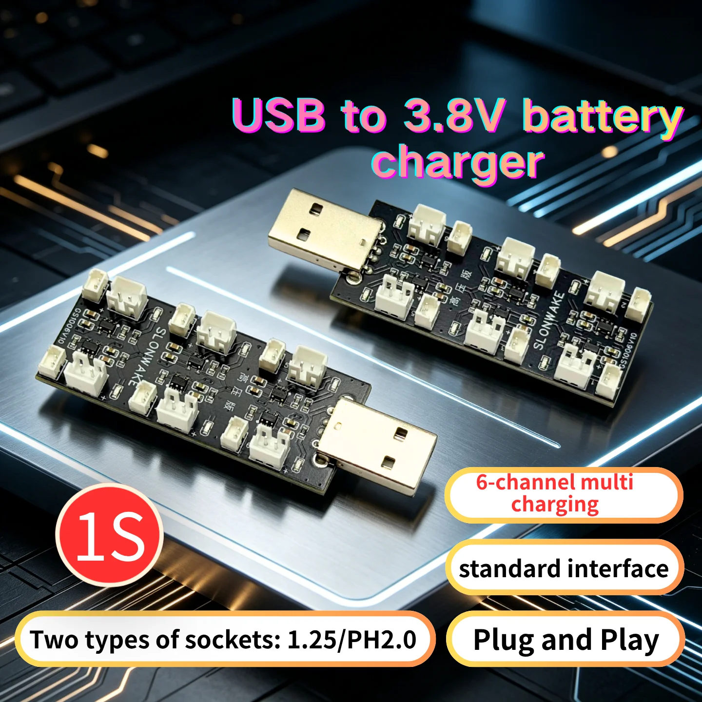 SLONWAKE FPV Model 6-Channel USB Lithium Battery 1S Charger, 3.8V High-Voltage Version, 6-Port Independent Output Charging Board