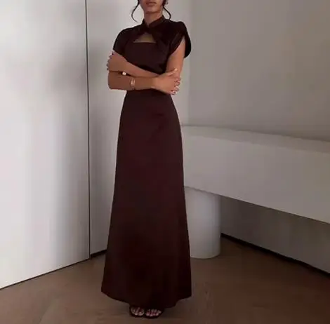 Autumn New Women's Chic Satin Solid Color Maxi Dress Traditional Stand Collar and Modern Cutout Combine Slimming Dress