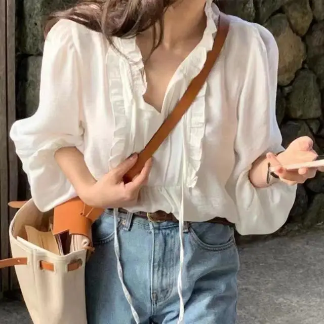 

Korea Chic Early Spring Gentle Elegant V-neck Lace up Patchwork Wooden Ear Design Puff Sleeves Loose Pure Color Shirt