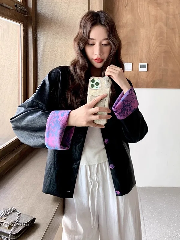 เสื้อคลุมผู้หญิงสไตล์จีนแบบใหม่ สวมใส่ได้สองด้าน ทรงหลวม แฟชั่น ตกแต่งลายปักดอกไม้แบบ Patchwork