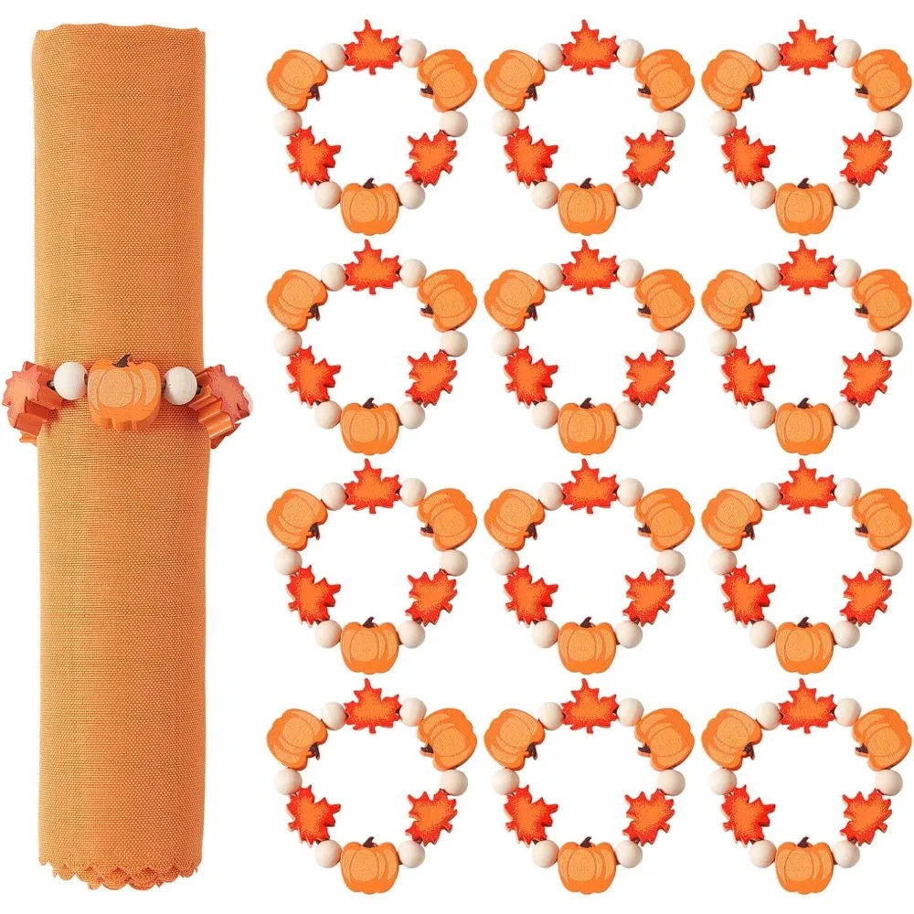 Fall Thanksgiving Napkin Rings Set of 12, Pumpkin Maple Leaf Wooden Bead Napkin Rings for Fall Thanksgiving Decorations,