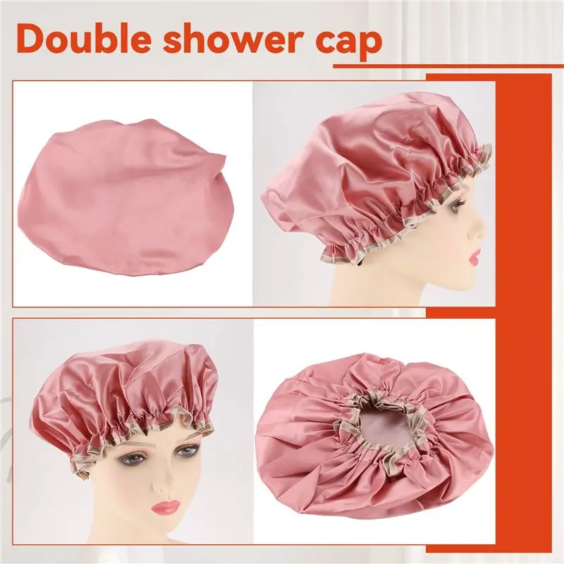 A20F-Double-Layer Shower Cap Women's Waterproof Hat Bathing Long Hair Bathing Headgear Hair Cover Oil Fume Dry Hair Cap