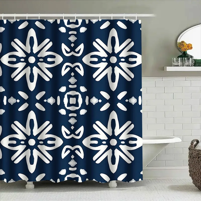 

Modern Bathroom Shower Curtain Set with Geometric Floral Pattern in Navy Blue White Decorative Waterproof Fabric for Bathtub or
