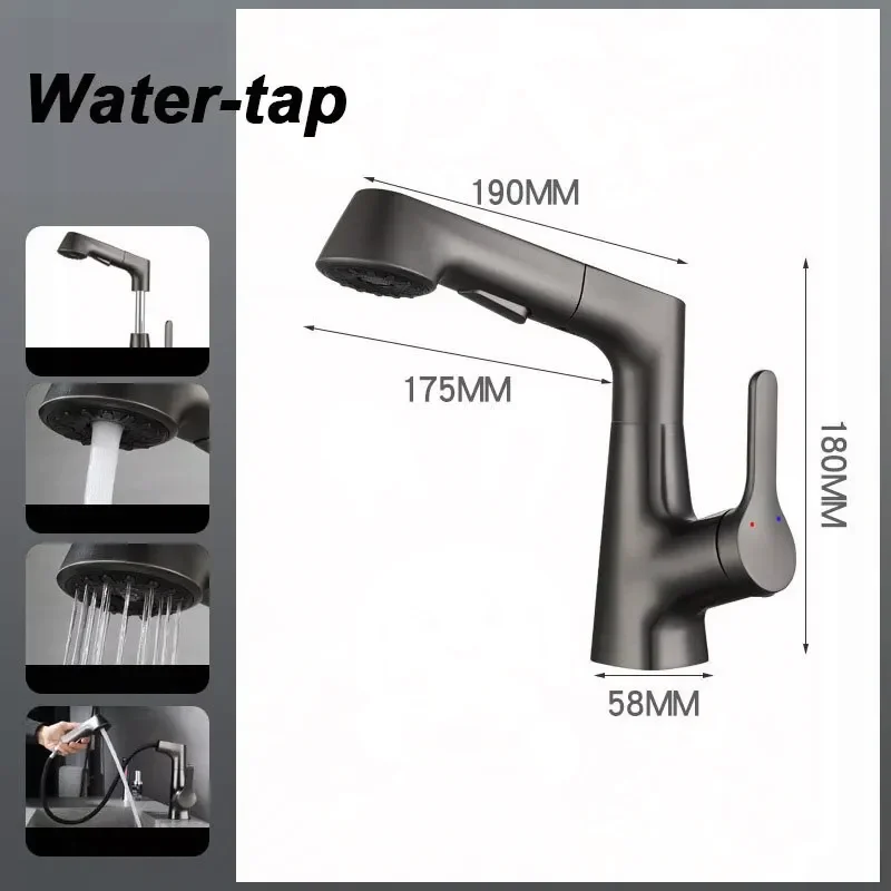 Pull Out Lift Basin Faucet 360° Lift Up And Down Faucet Bathroom Mixer Tap Hot Cold Water Washbasin Kitchen Sink Faucet Gun Gray