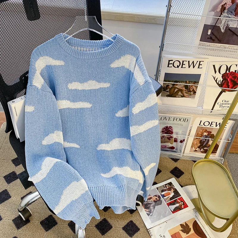 Suéteres estampados preguiçosos para homens, suéteres de manga comprida, roupas de casal tricotadas simples Harajuku, moda azul marinho, Japão
