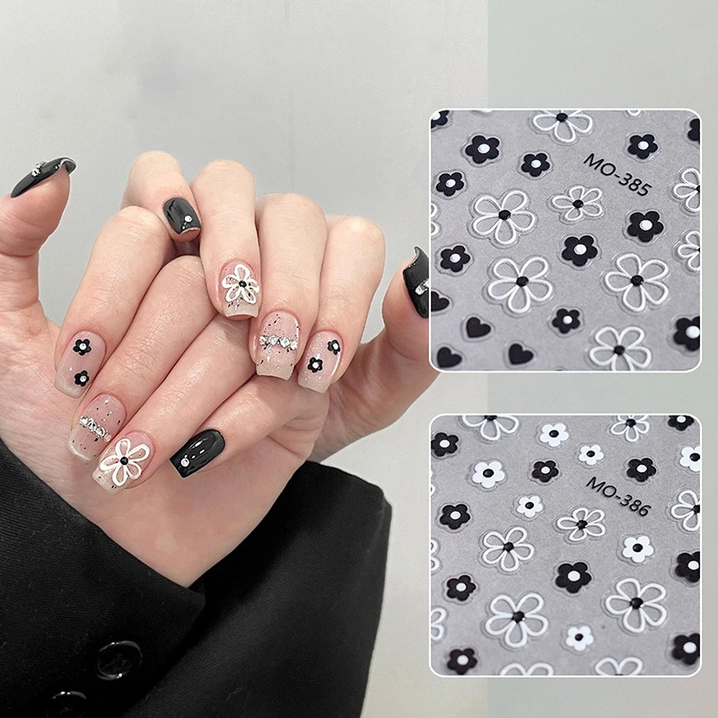 Pegatinas 3D para Uñas Blossom, Pétalos de Flores Blancas y Negras, Calcomanías para Arte de Uñas, Diseño Elegante para Bodas, Decoración Deslizante para Manicura con Flores de Primavera