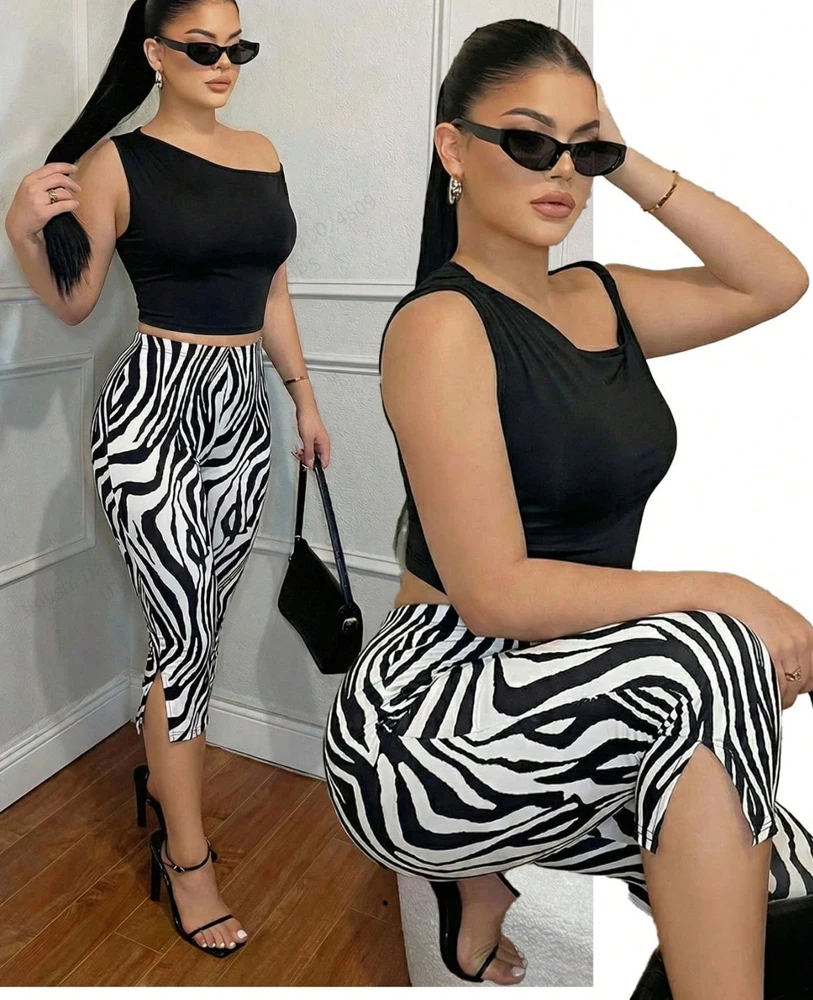 Damen Caprihose mit Zebramuster, hoher Taille, seitlichem Schlitz, enganliegend, kurz geschnitten, Y2K Bodycon Hose, Party- und Clubkleidung – Detail 1
