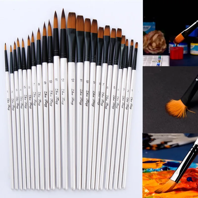 12pcs  White Rod Watercolor Pen Set Two-color Nylon Hair Brush Artists Special Watercolor Gouache Painting Brush Art Supplies