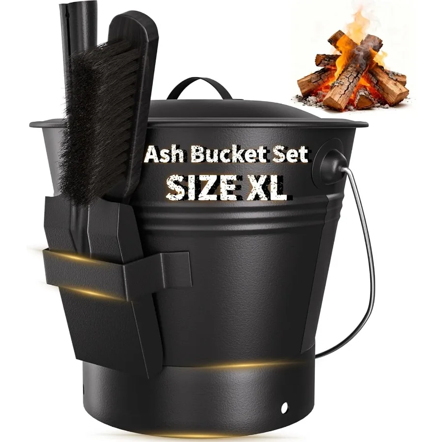 

XL 3-Gallon Metal Ash Bucket with Lid and Shovel Broom Set Essential Hearth Accessory for Indoor Outdoor Wood Burning Stoves Fi