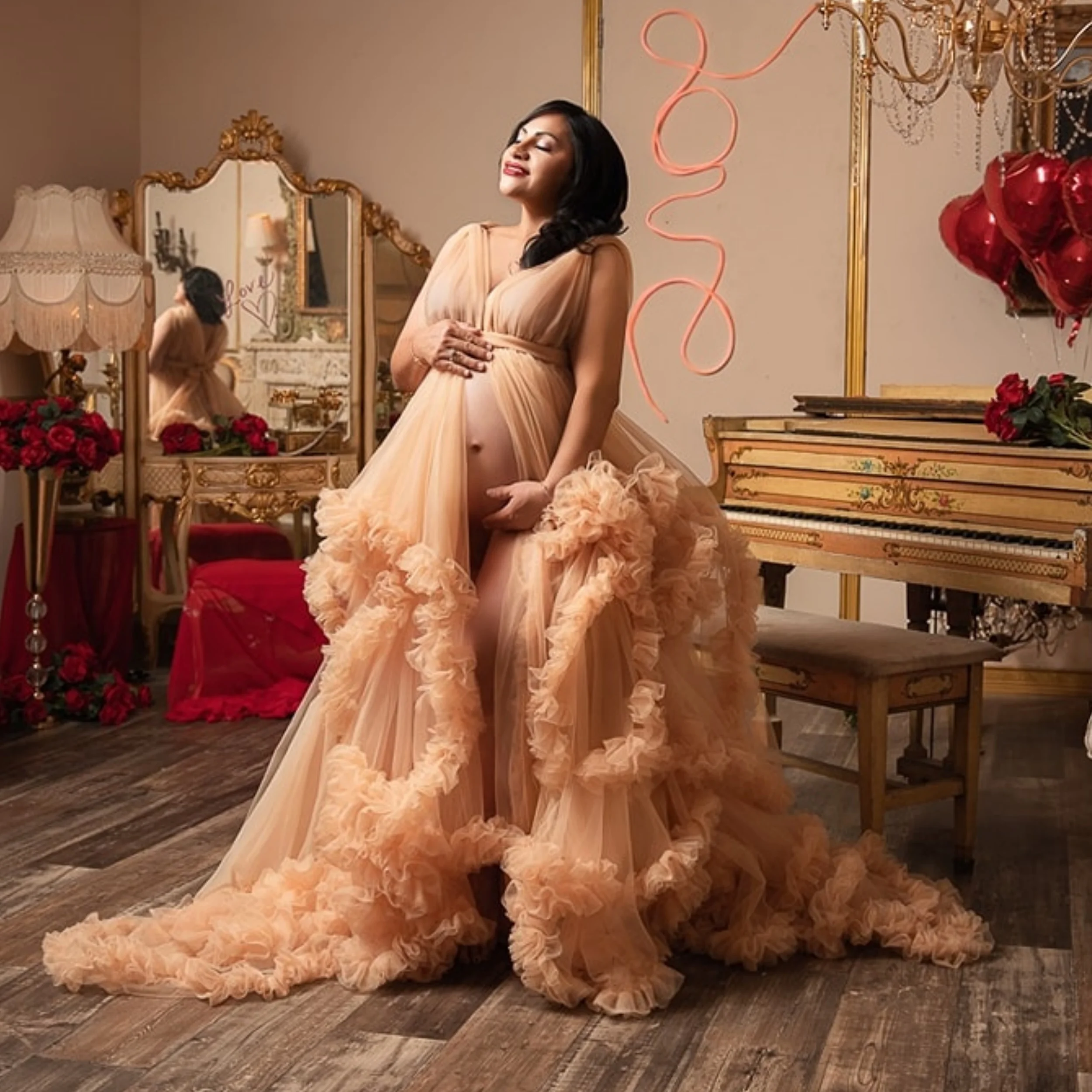 

Champagne Maternity Dress for Women Linda V Neck Sleeveless Babyshower Gowns Classic Ruches Slit Vestidos de Gala Customzied