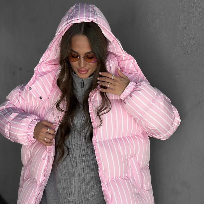 2026 Winter Autumn Stripe Cotton Padded Jacket For Women Warm Long Sleeve Zipper Hooded Coats Lady Street Chic Outdoor Outerwear