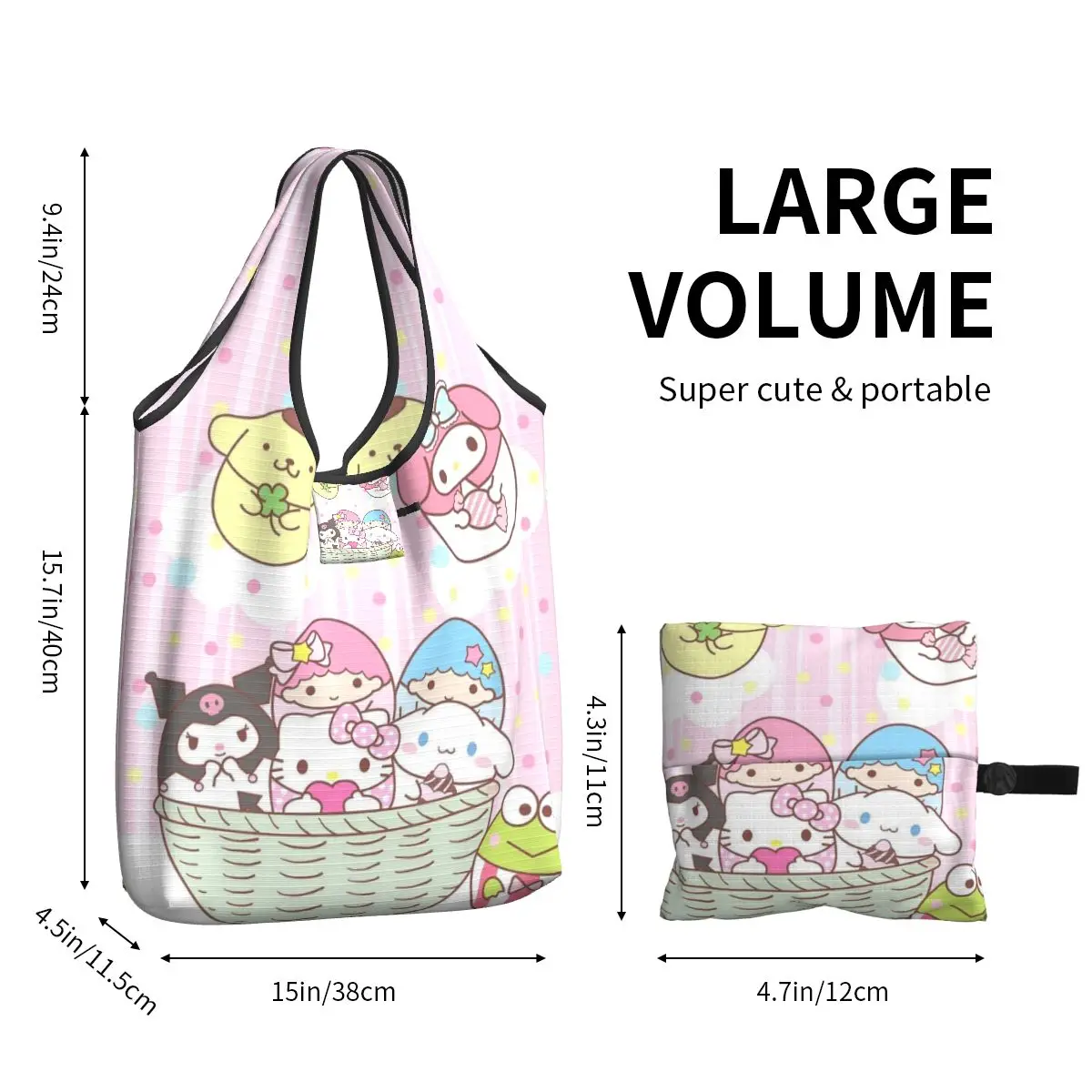 Kawaii Sanrio HelloKitty Grocery Bags Durable Large Reusable Recycle Foldable Heavy Duty Kuromi Melody Shopping Eco Bag Washable