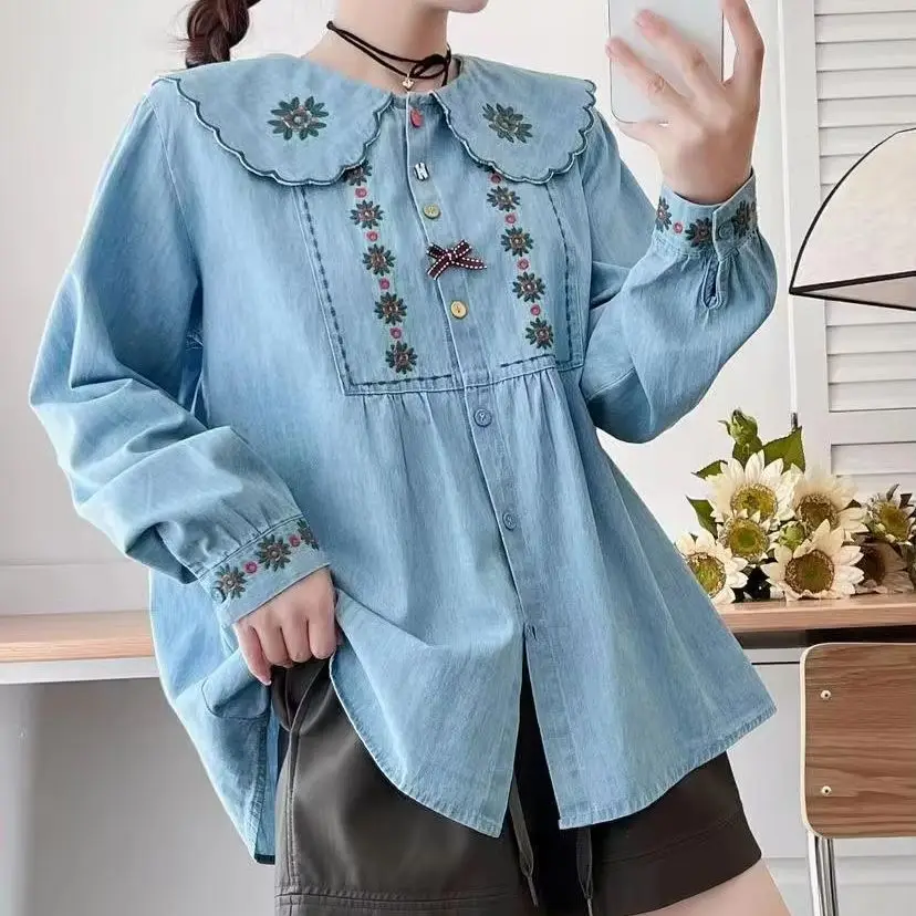 Mori girl style sweet peter pan collar embroider denim shirts blouses women\'s autumn shirt jean tops cute long sleeve shirt