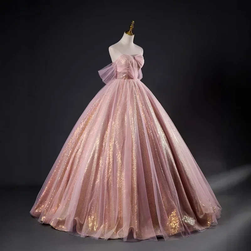 Pink Sequins Ball Gown Prom Dress with Tulle Off Shoulder Formal Dresses for Women Elegant Lace-up Sweet Dresses Sparkle Gown