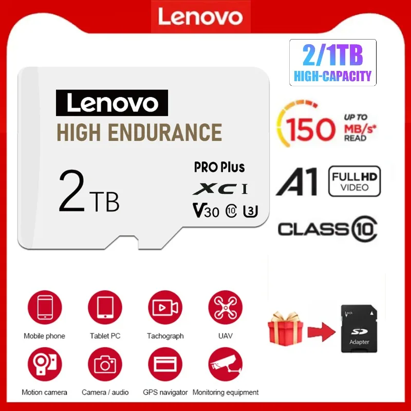 Lenovo-Cartão Micro TF SD para Telefone e Computador, Cartão de Memória Ultra, Mini A2 Cartões, Flash Card, 2TB, 256GB, 128GB, Classe 10