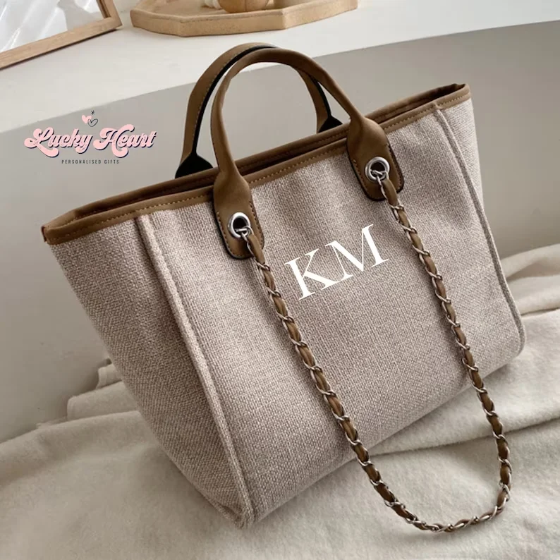 

Personalised Chain Monogram Canvas Tote Bag Shoulder Bag Ladies Custom Handbag Birthday Hen Gift Bride Bridesmaids Gifts For Her