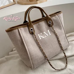 Gepersonaliseerde Ketting Monogram Canvas Tote Tas Schoudertas Dames Custom Handtas Verjaardag Kip Gift Bruid Bruidsmeisjes Cadeaus Voor Haar