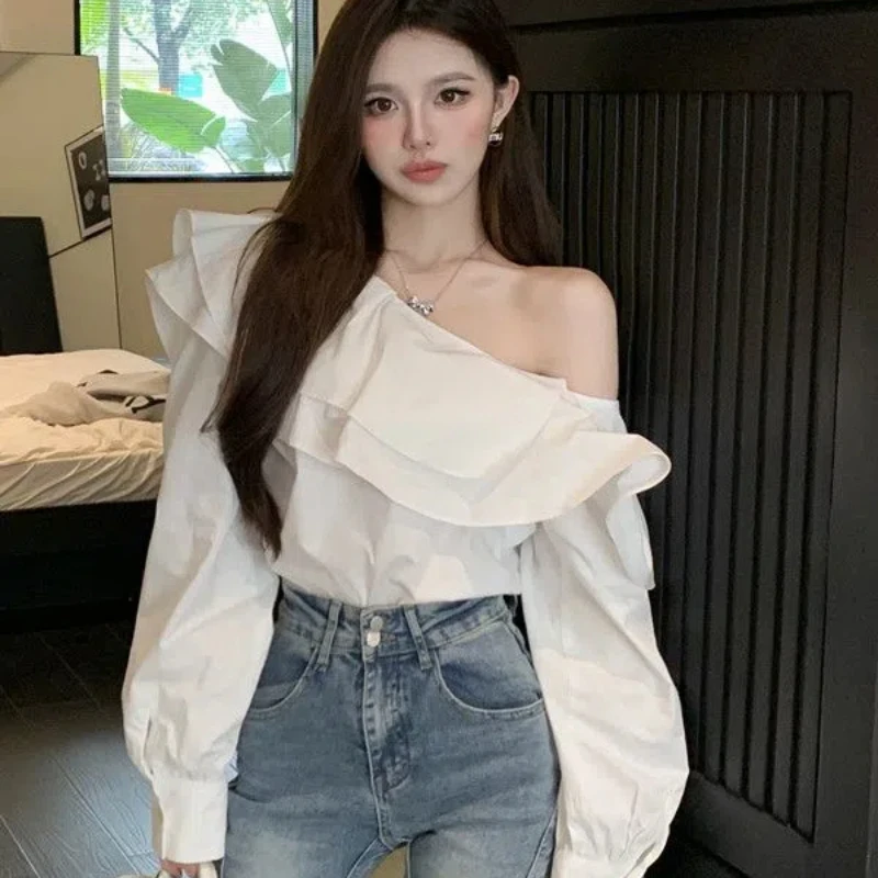 Ruffles Off Shoulder Trend Blouse Spring Summer New Solid Color Long Sleeve Temperament Short Shirt Tops Y2K Sexy Women Clothing