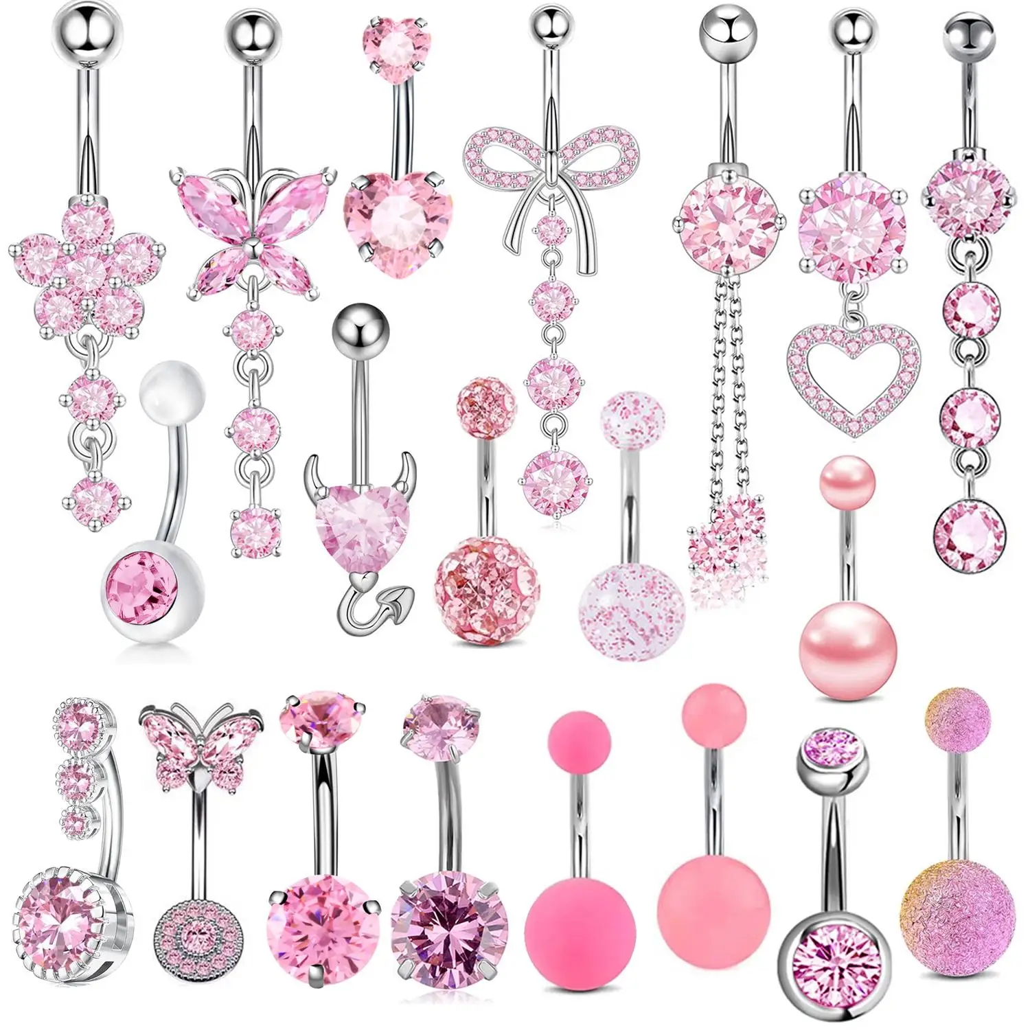 1 Piece 14G Pink Belly Button Ring Heart Bow Cute Navel Piercing Belly Ring Belly Bar Belly Button Piercing Belly Rings 10mm