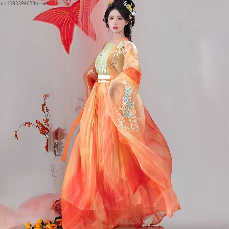 

Chinese Hanfu Dress Women Ancient Orange Gradient Embroidery Hanfu Female Fairy Cosplay Costume Hanfu Dress Party Outf